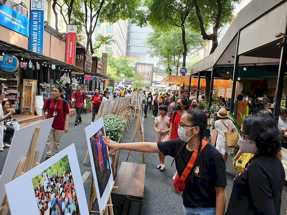Ho Chi Minh City Book Street distinguished by its greenery and rows of colorful wooden book stalls